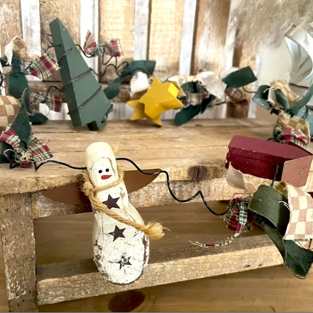 Primitive Rusty Wire Wooden Snowman Garland 3 Ft 4βNEW!